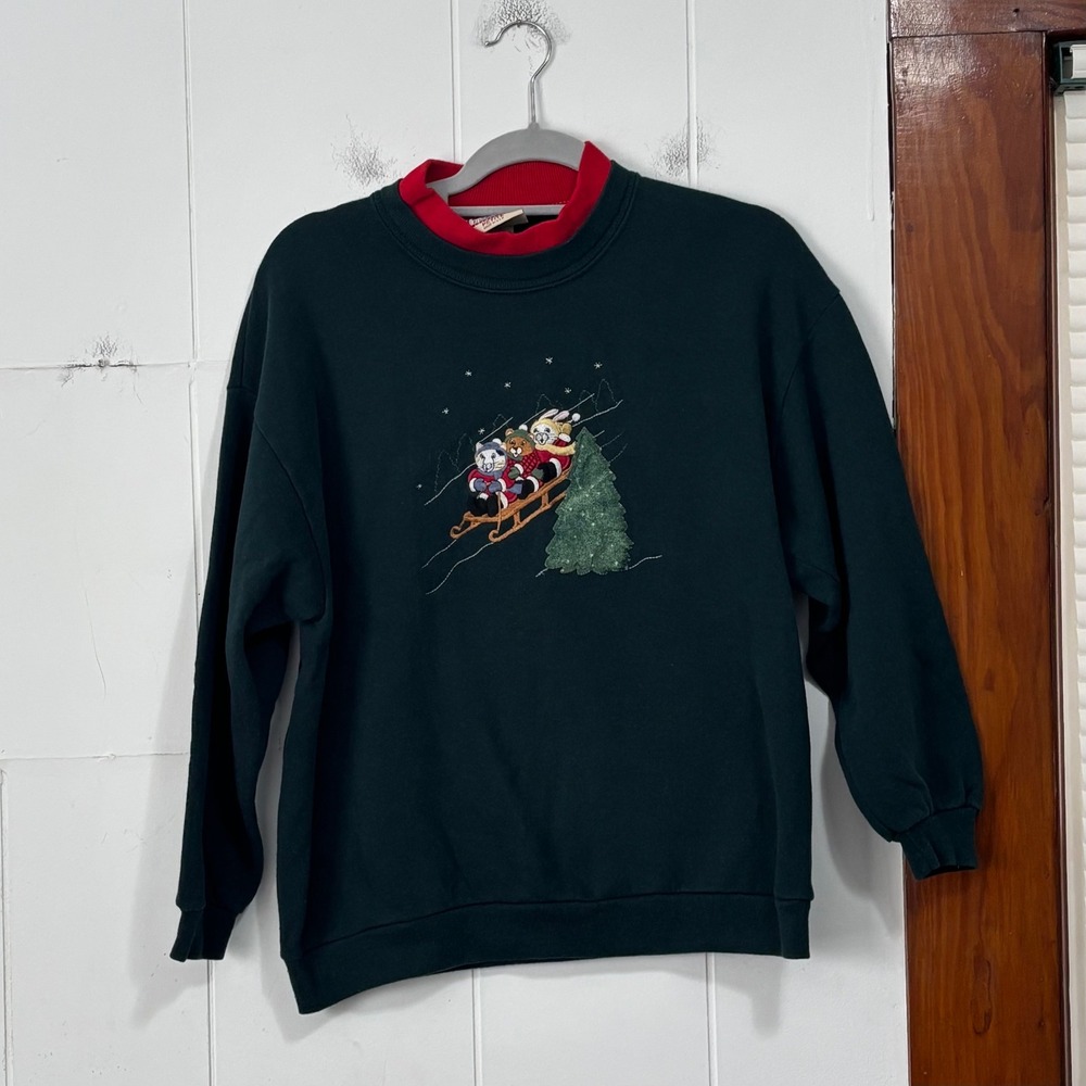 Top Stitch Embroidered Winter Sledding Animals Mock Neck Sweatshirt Large‎
